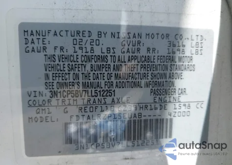 2020 Nissan Kicks S Xtronic Cvt from USA, damaged, VIN 3N1CP5BV7LL512251
